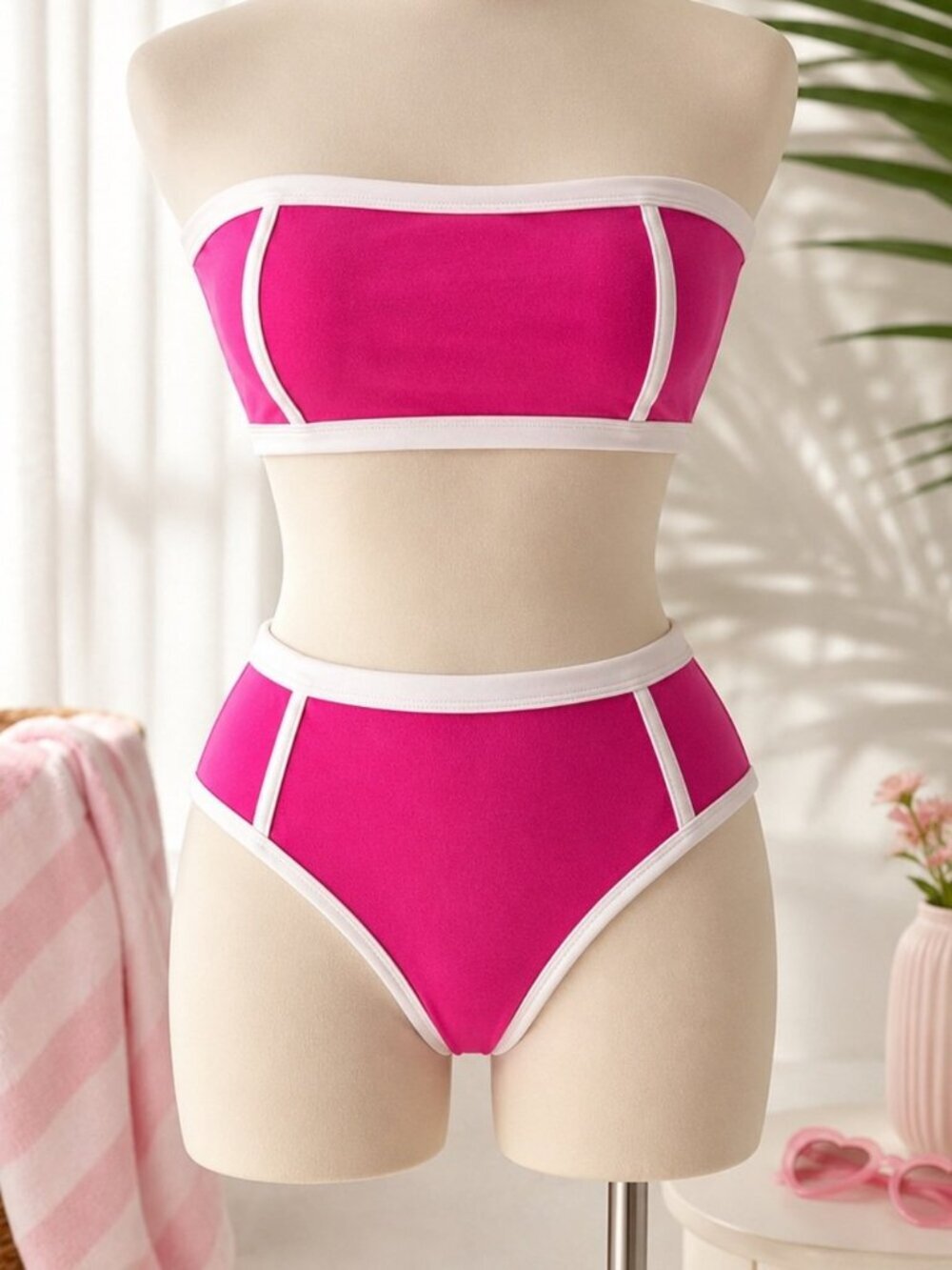 Kona Sol Hot Pink & White Trim Bandeau Bikini Set NWT